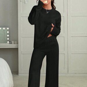 Black Casual Women's Round Neck Long Sleeve Sweater Top And Long Pants Set